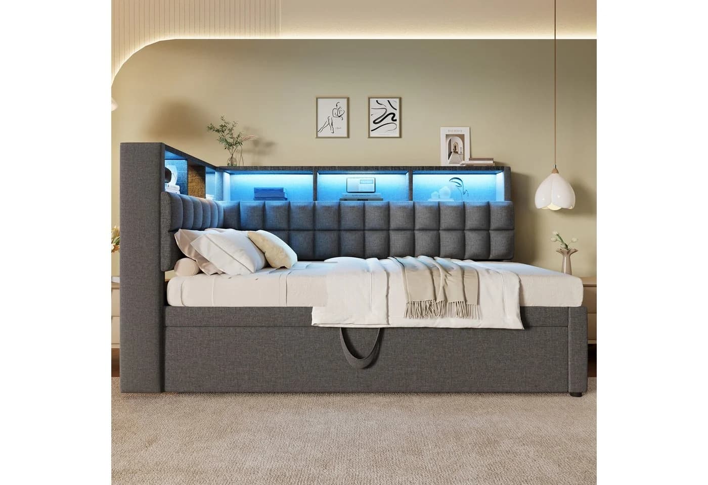 Odikalo Schlafsofa Schlafcouch Tagesbett 90x200 mit LED, Beige/Grau
