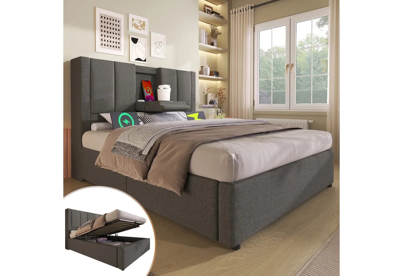Odikalo Polsterbett mit Bettkasten & Ladestation Leinen Beige - Bild 2