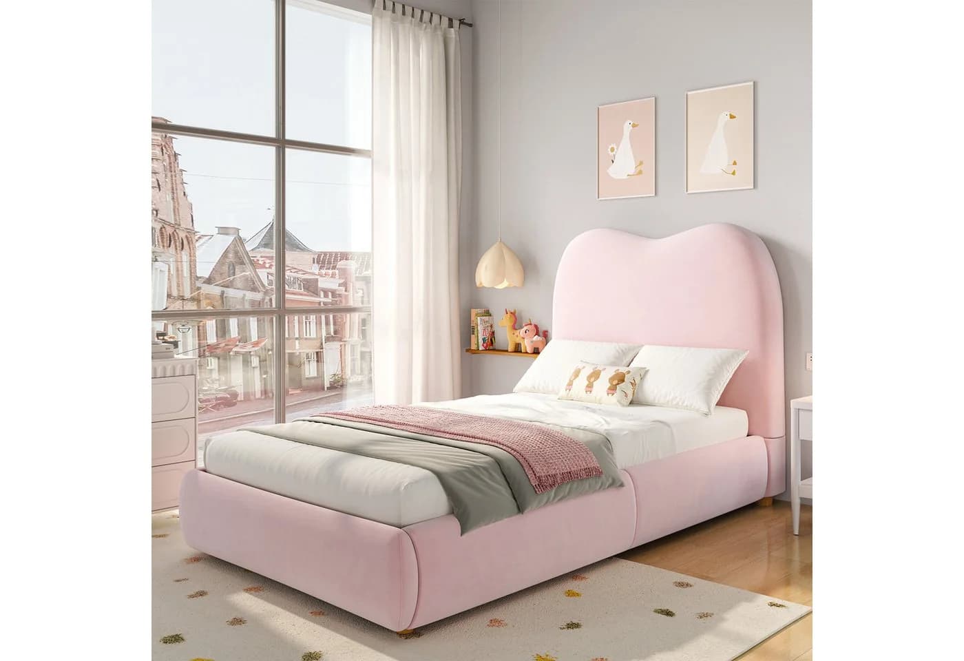 Odikalo Polsterbett Kinderbett 90x200 mit Bettkasten beige rosa