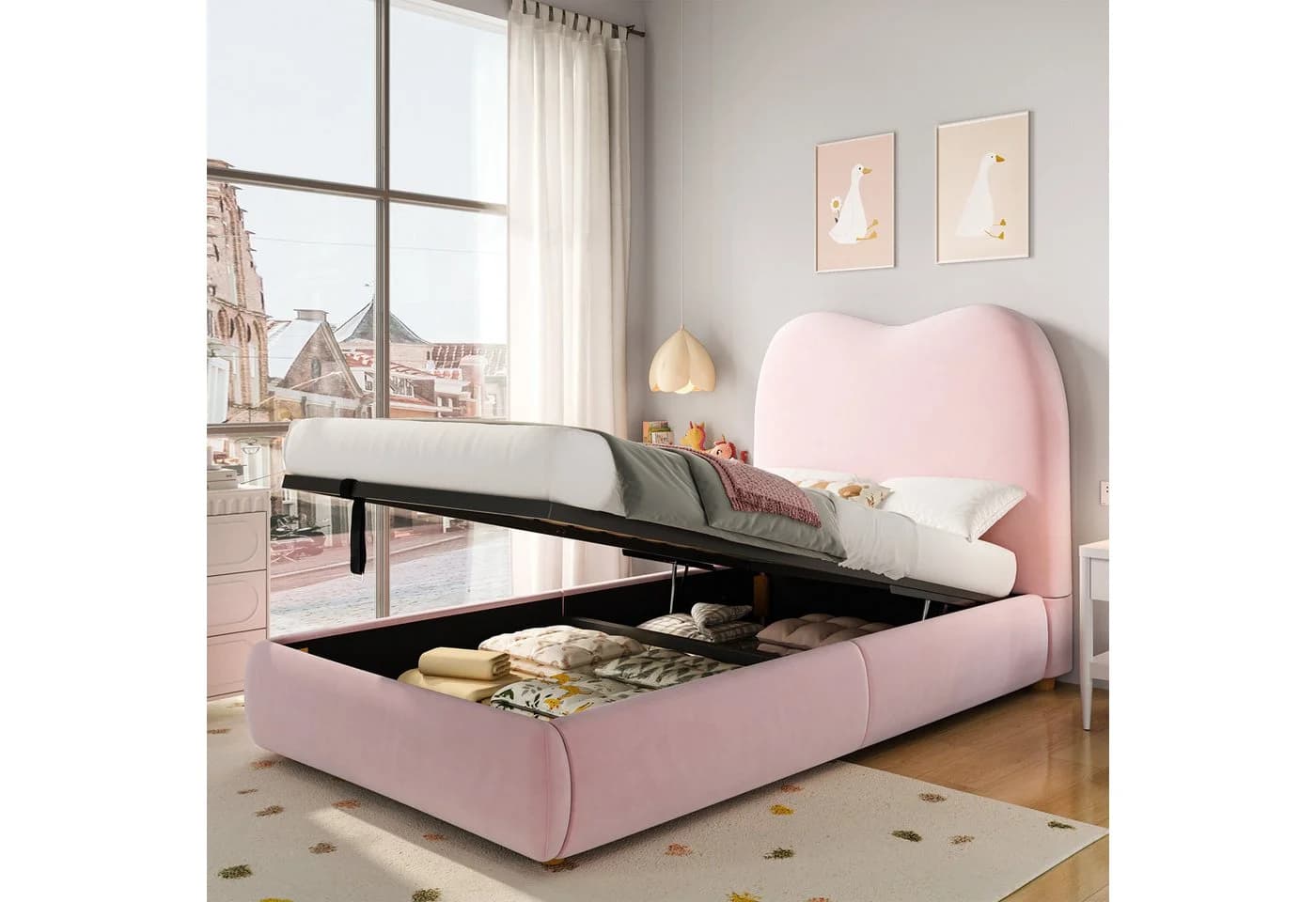 Odikalo Polsterbett Kinderbett 90x200 mit Bettkasten beige rosa - Bild 2