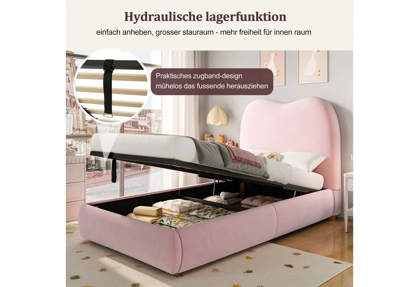 Odikalo Polsterbett Kinderbett 90x200 mit Bettkasten beige rosa - Bild 4