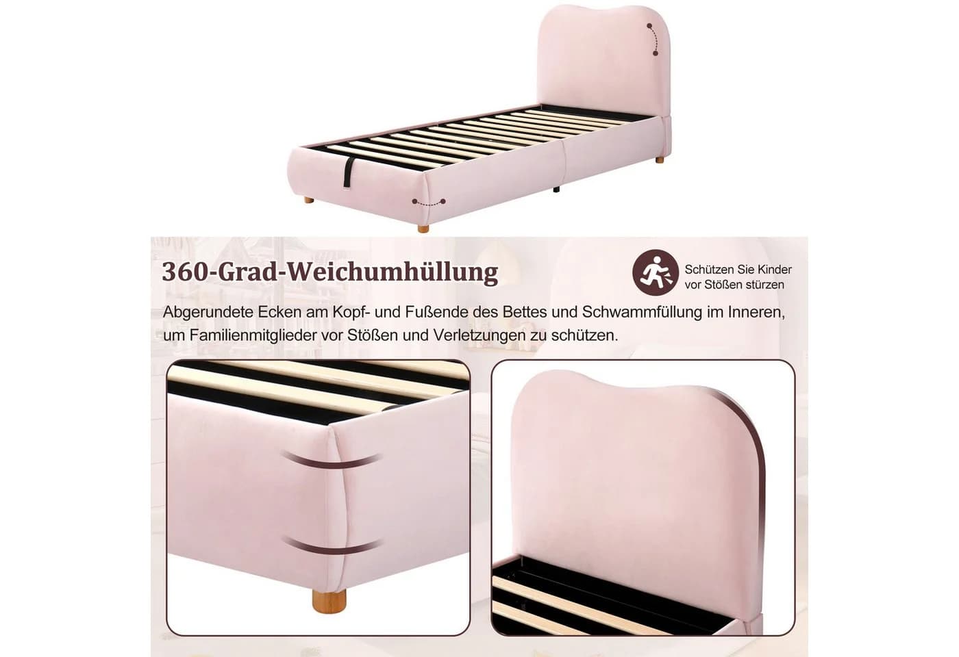 Odikalo Polsterbett Kinderbett 90x200 mit Bettkasten beige rosa - Bild 5
