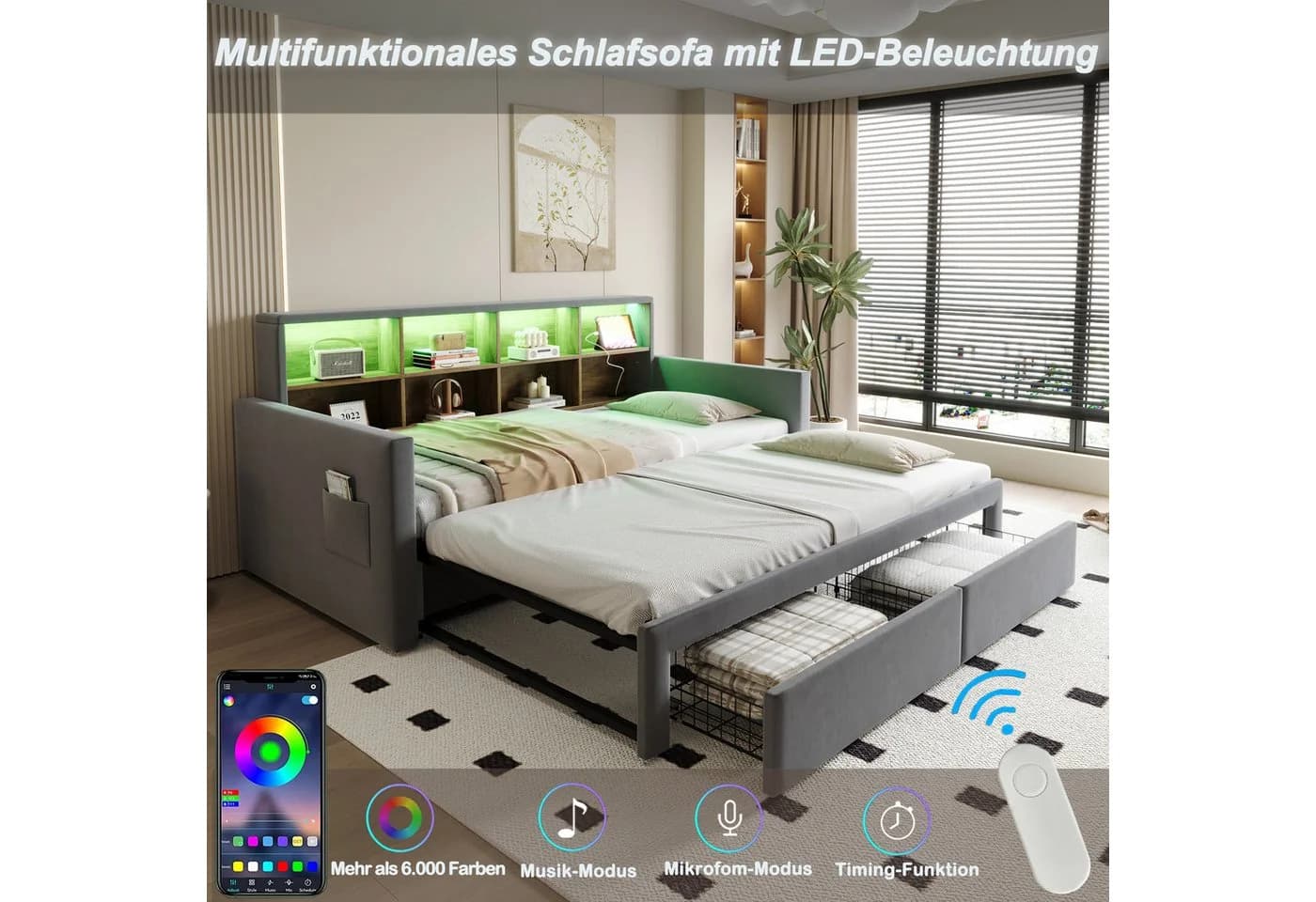 Odikalo Polsterbett Ausziehbar Schlafsofa 90/180 x190 Staufach LED USB - Bild 3