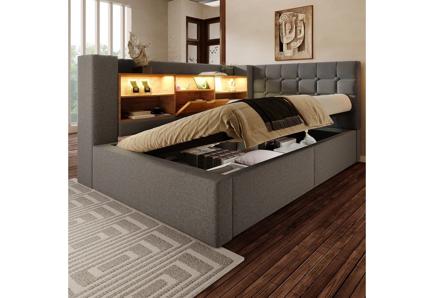 Odikalo Polsterbett mit LED, Stauraum & USB-Anschlüssen Leinen Beige Grau