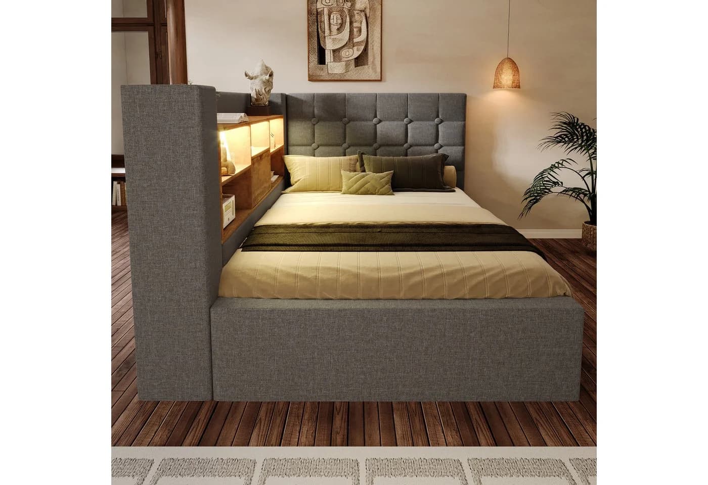 Odikalo Polsterbett mit LED, Stauraum & USB-Anschlüssen Leinen Beige Grau - Bild 3
