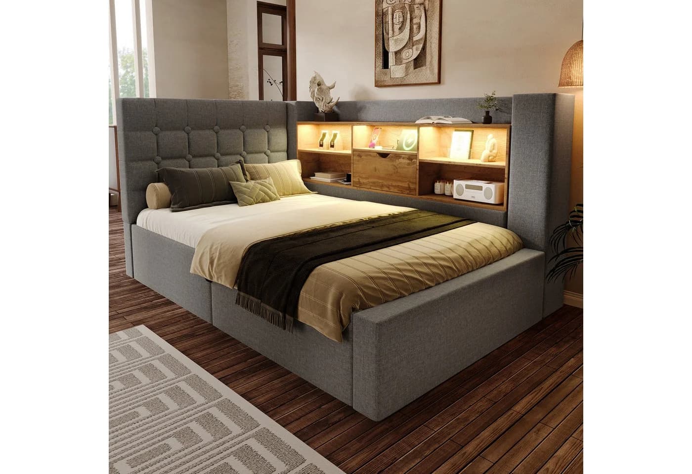 Odikalo Polsterbett mit LED, Stauraum & USB-Anschlüssen Leinen Beige Grau - Bild 4