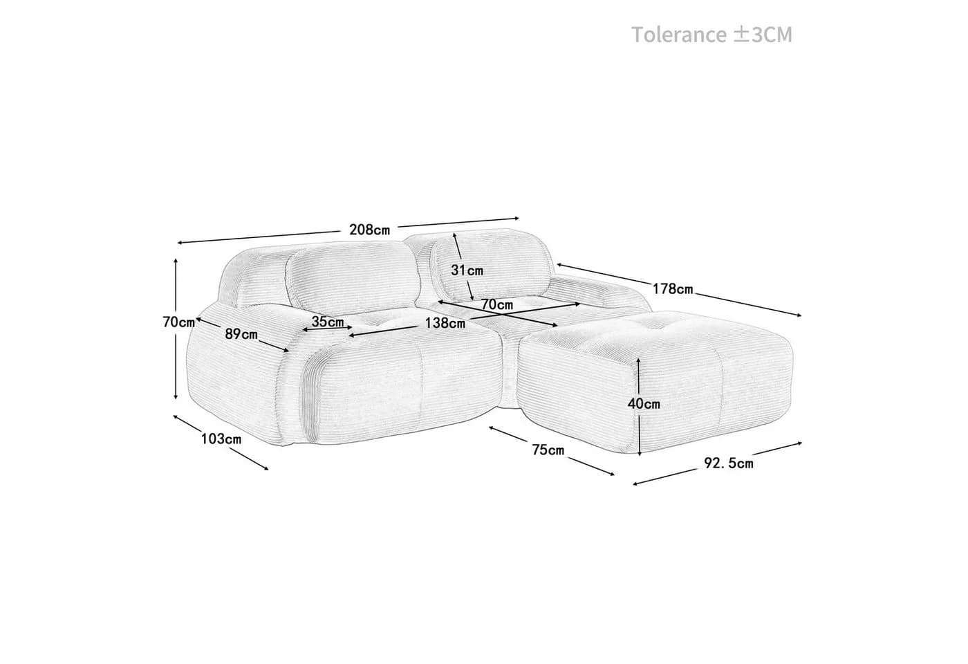 Odikalo 2-Sitzer Polstersofa Chaiselongue Mehrfarbig Modular Kombinierbar - Bild 5