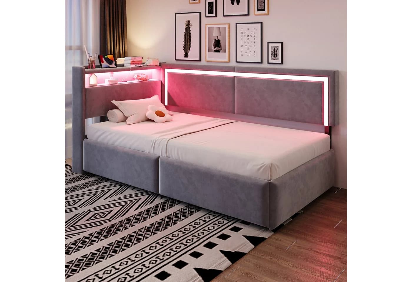 Odikalo Schlafsofa 90x200 mit LED, USB & Stauraum Samt grau/beige