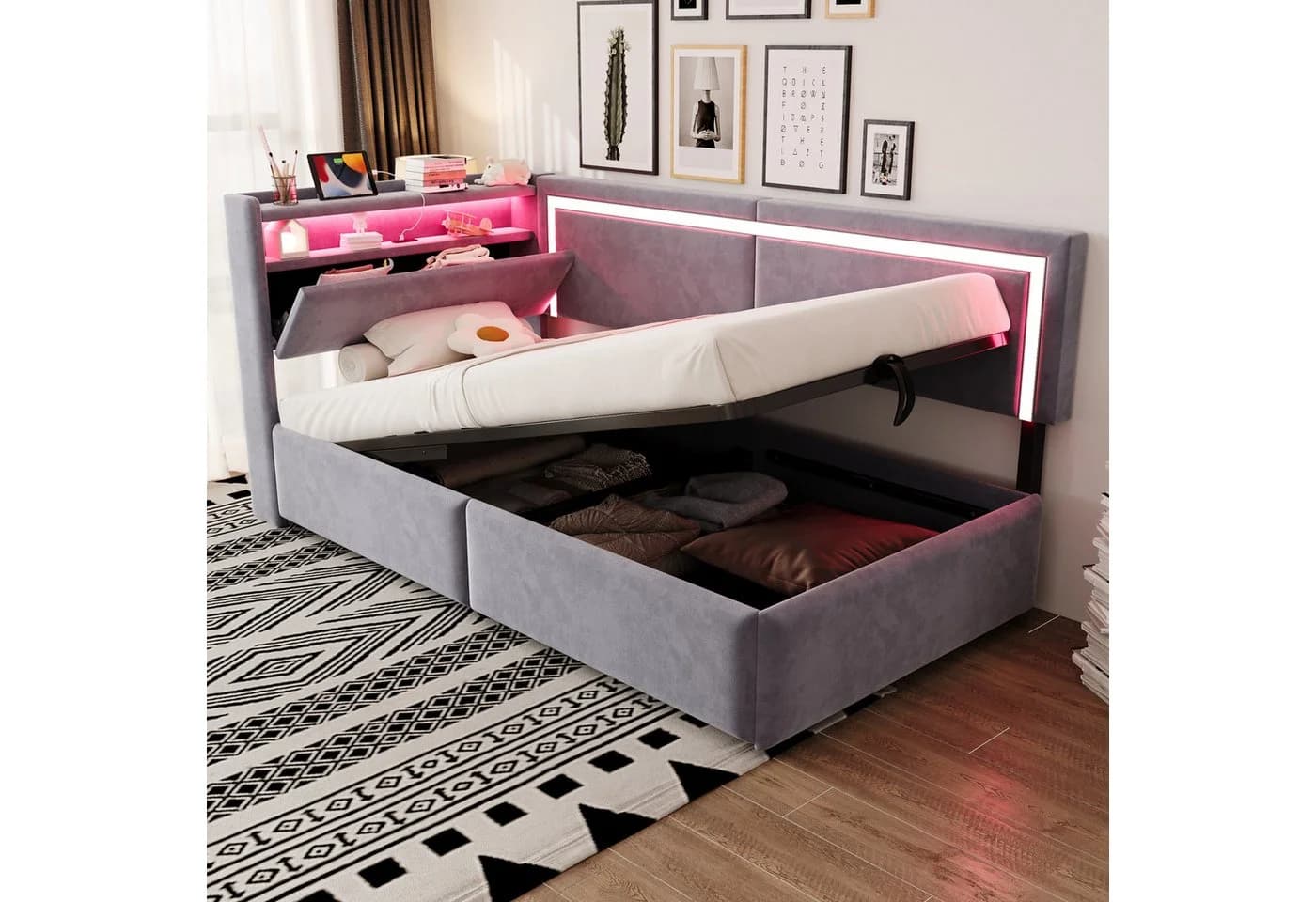 Odikalo Schlafsofa 90x200 mit LED, USB & Stauraum Samt grau/beige - Bild 2