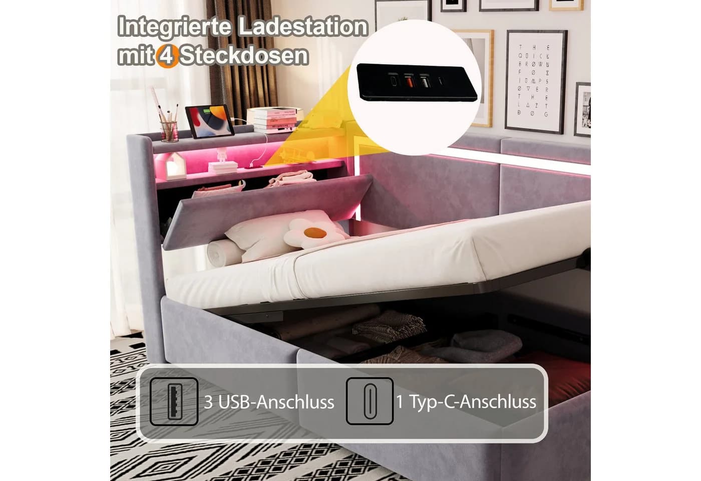 Odikalo Schlafsofa 90x200 mit LED, USB & Stauraum Samt grau/beige - Bild 3