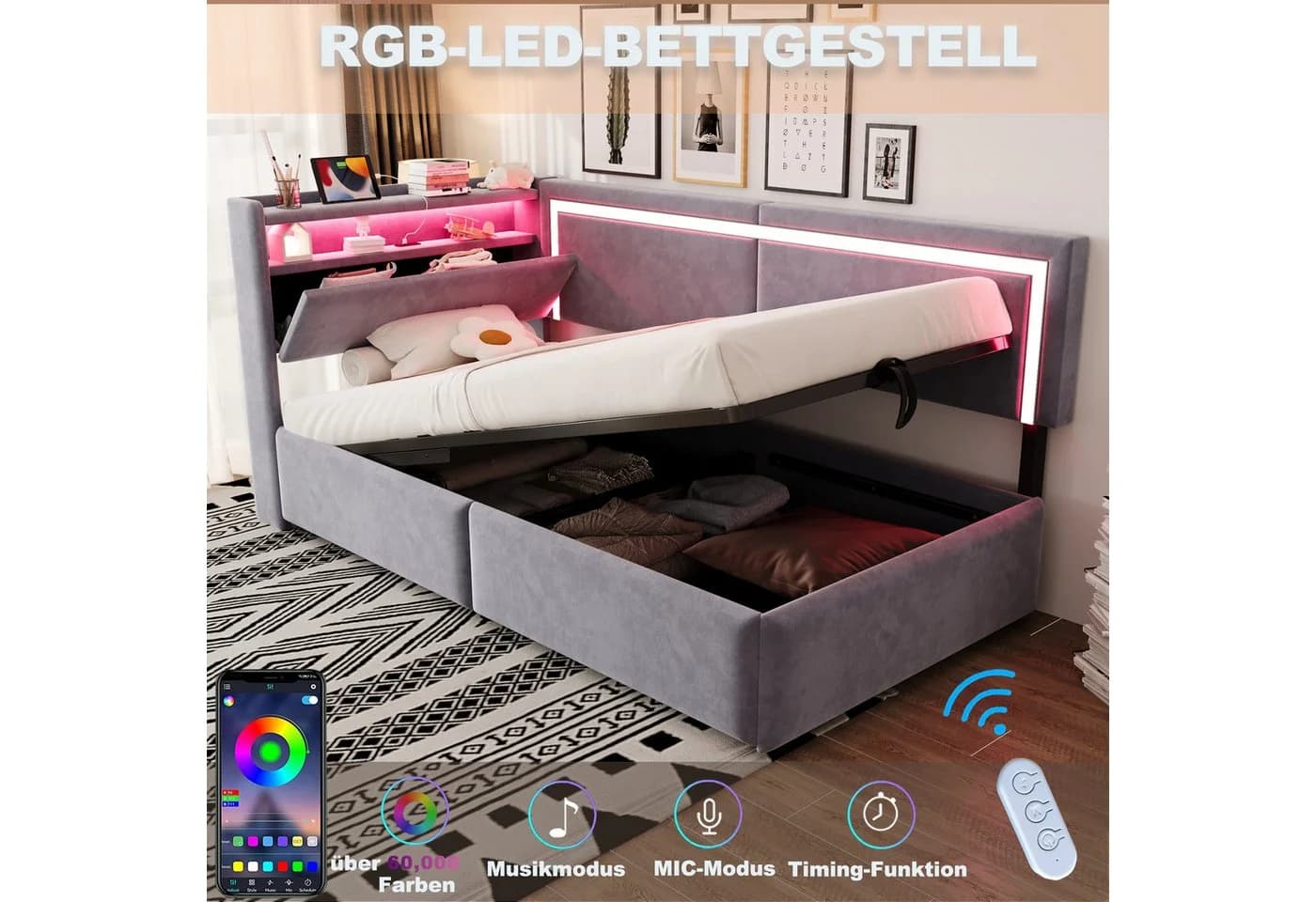 Odikalo Schlafsofa 90x200 mit LED, USB & Stauraum Samt grau/beige - Bild 4