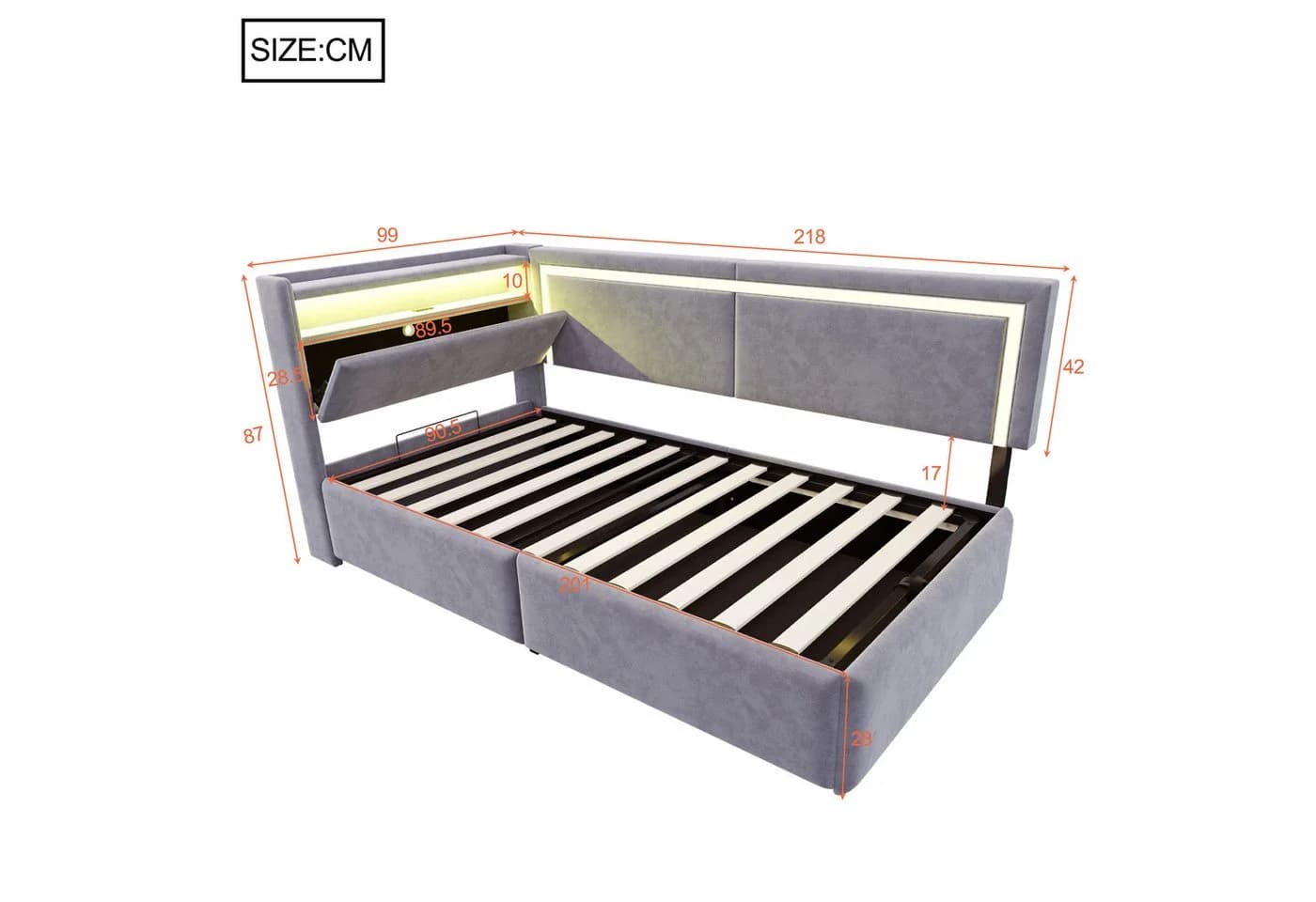 Odikalo Schlafsofa 90x200 mit LED, USB & Stauraum Samt grau/beige - Bild 5