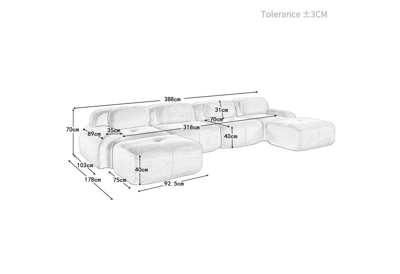 Odikalo 3-Sitzer Polstersofa Beige Modul U-Form Cord - Bild 5