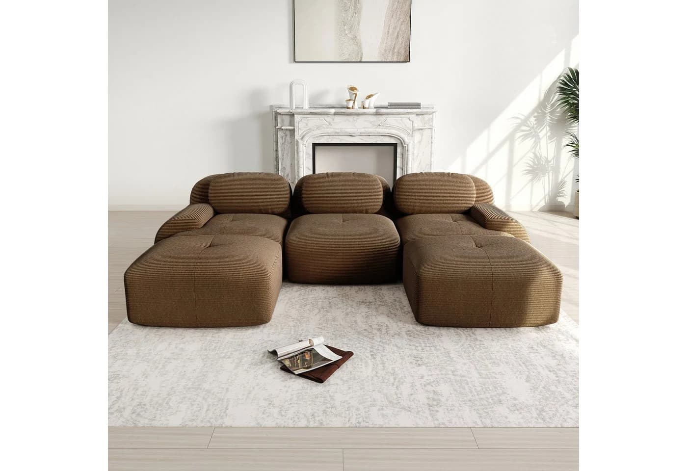Odikalo Modulares U-Sofa 3-Sitzer mit Chaiselongue Cord Braun