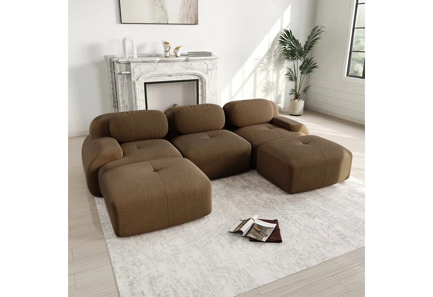 Odikalo Modulares U-Sofa 3-Sitzer mit Chaiselongue Cord Braun - Bild 2