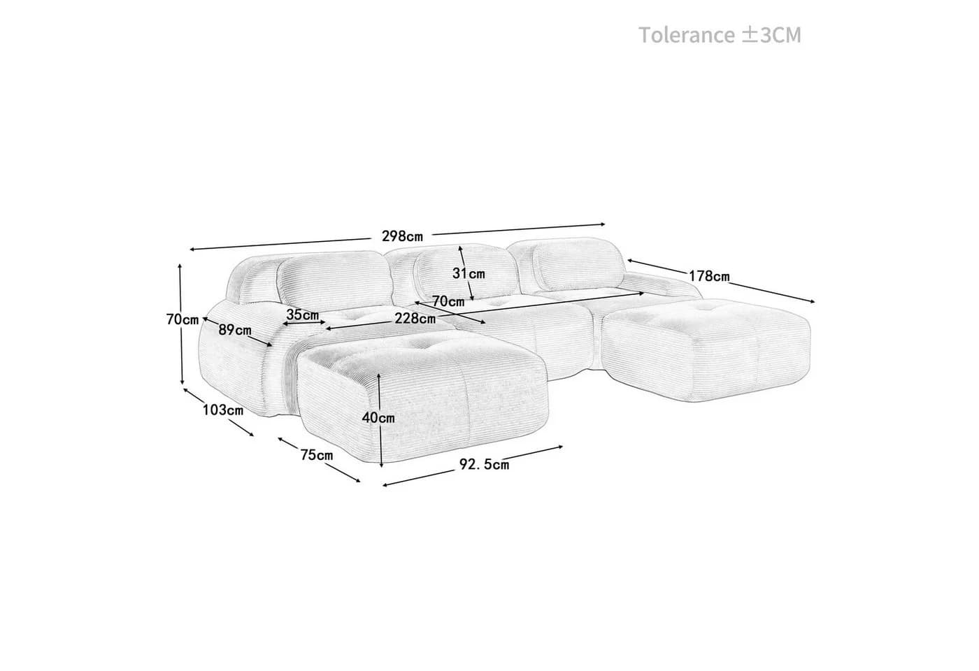 Odikalo Modulares U-Sofa 3-Sitzer mit Chaiselongue Cord Braun - Bild 5