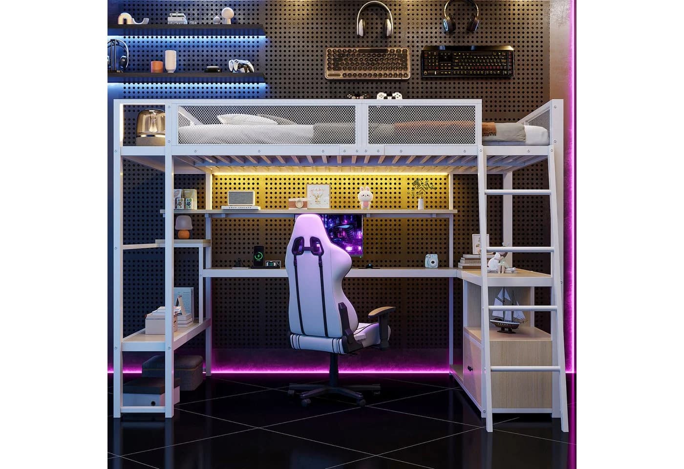 Odikalo Hochbett 140x200 mit Schreibtisch und LED