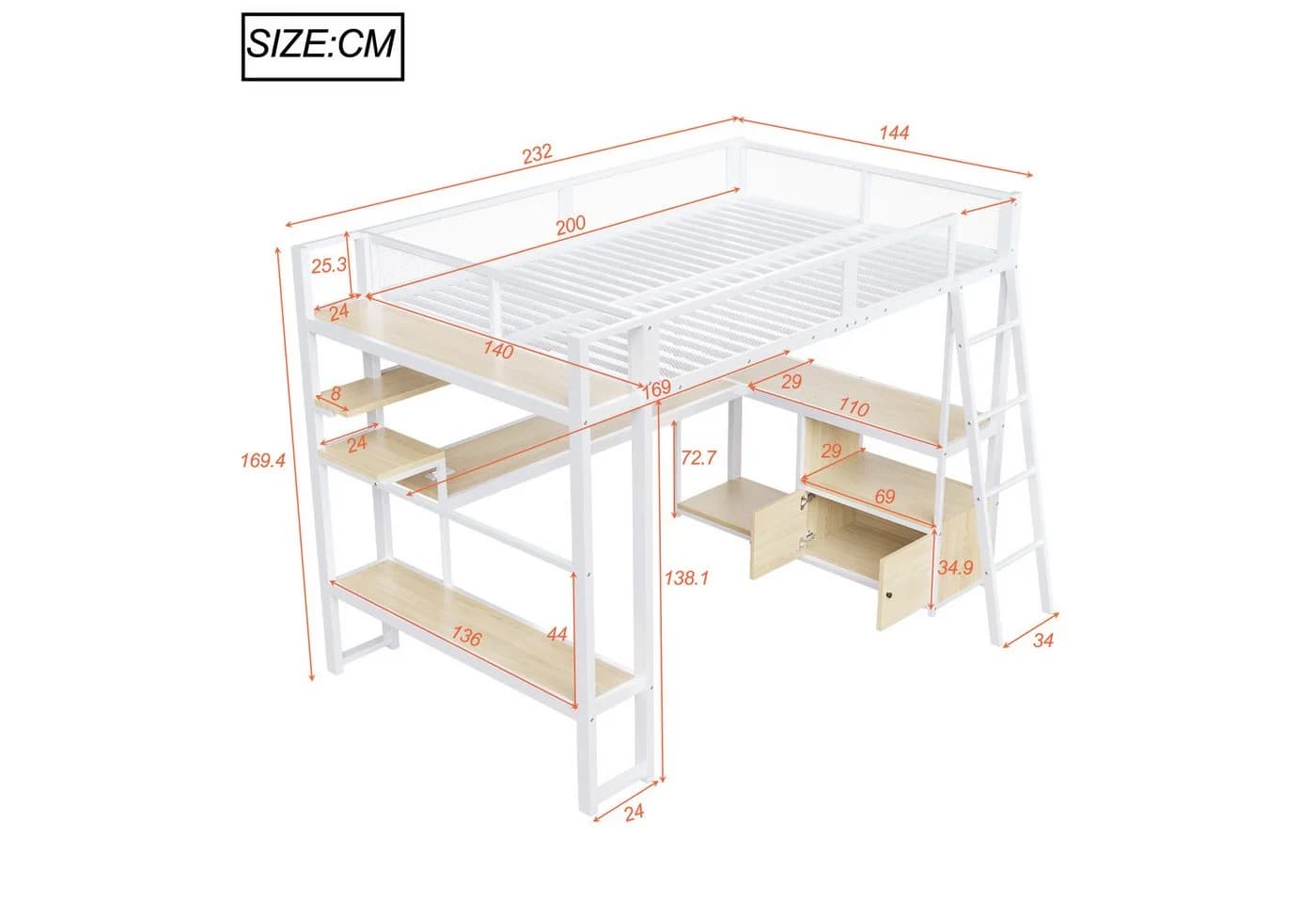 Odikalo Hochbett 140x200 mit Schreibtisch und LED - Bild 5
