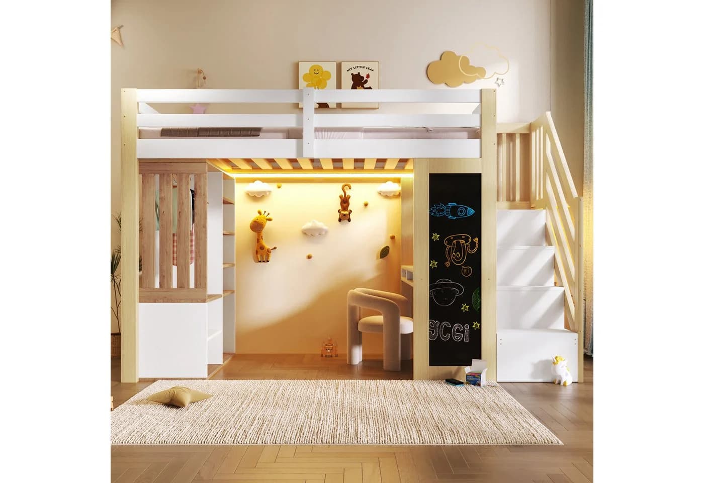 Odikalo Hochbett 90x200 mit Schreibtisch und LED