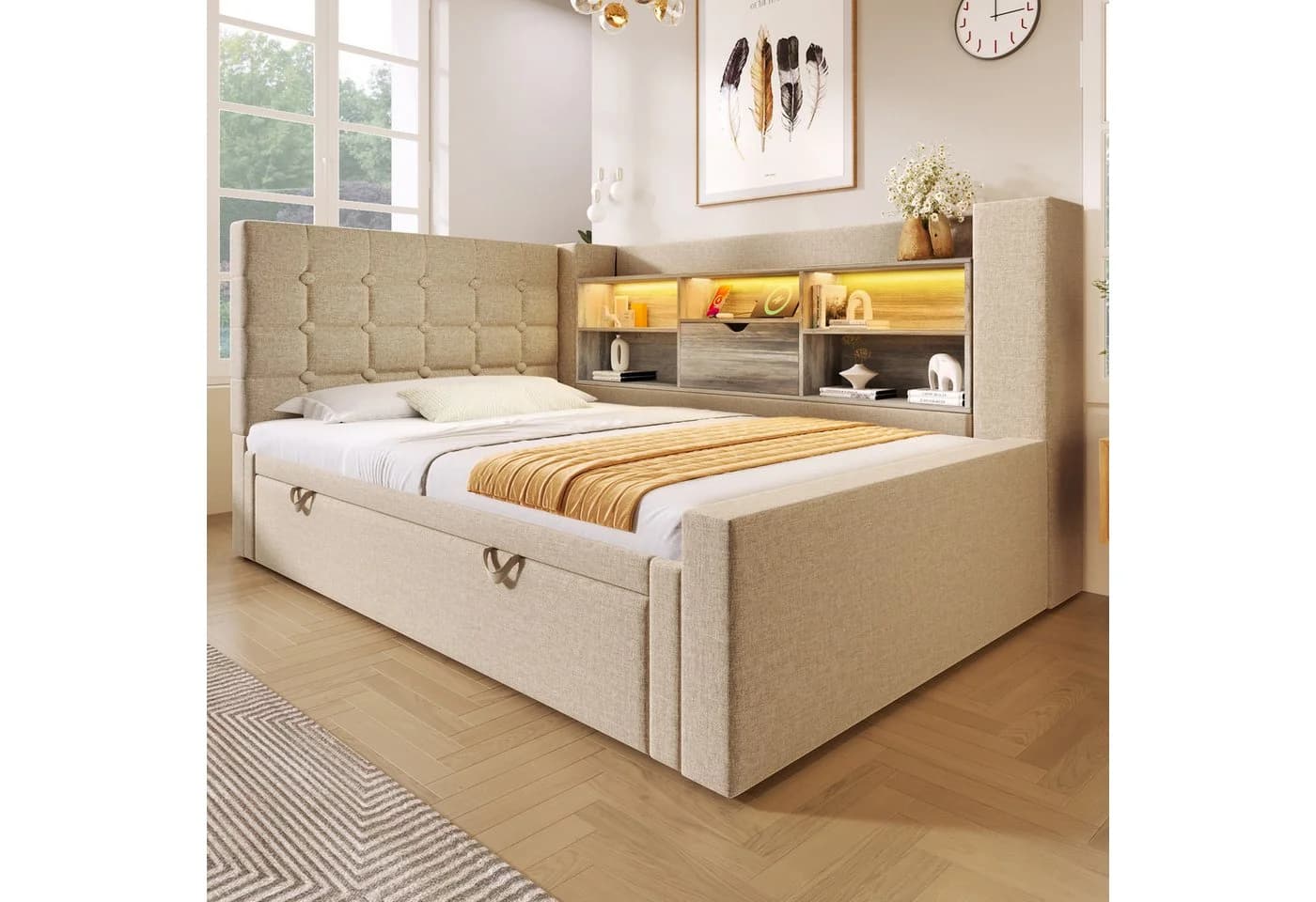 Odikalo Schlafsofa mit LED, Ausziehbett & Stauraum Beige