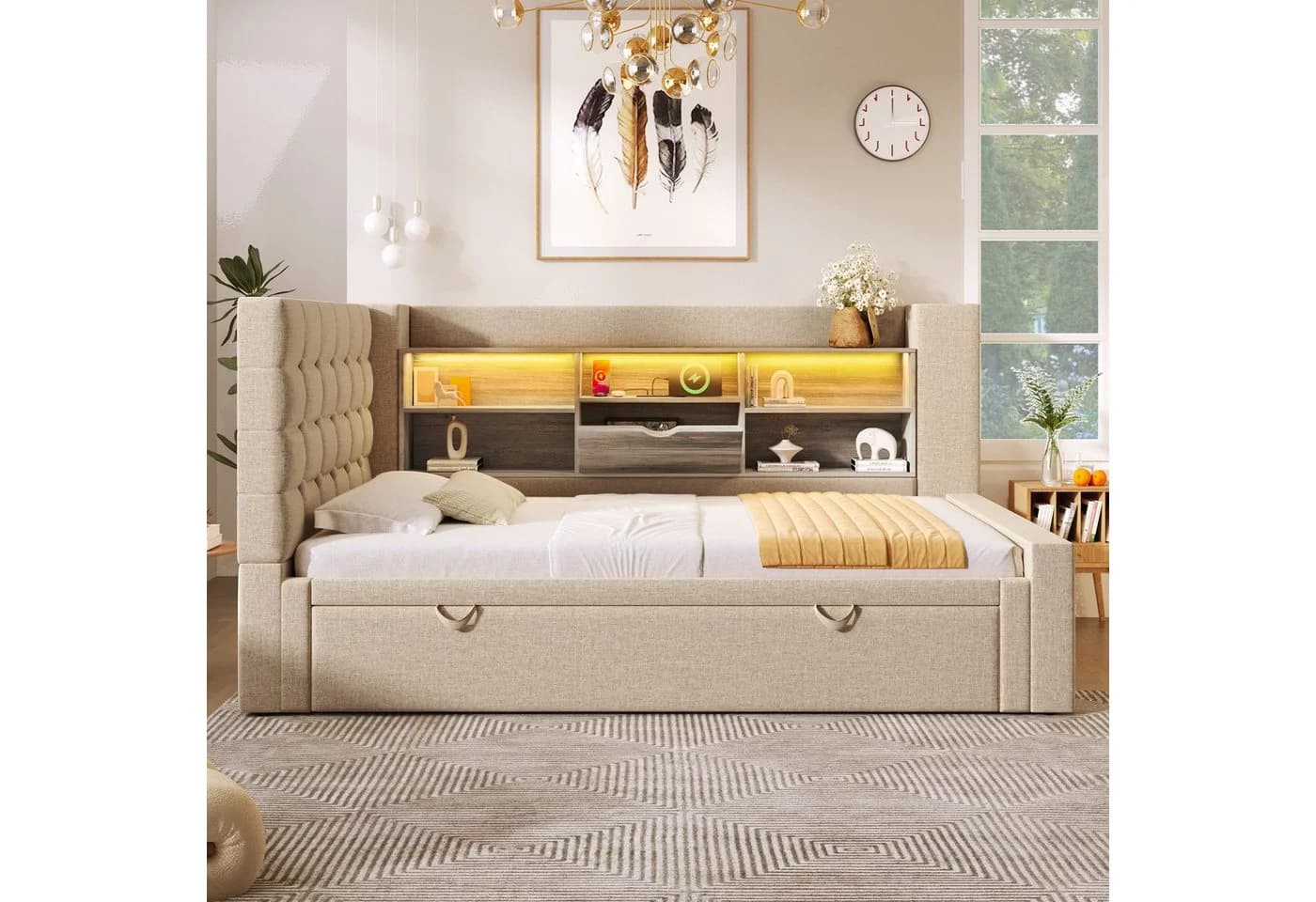 Odikalo Schlafsofa mit LED, Ausziehbett & Stauraum Beige - Bild 3