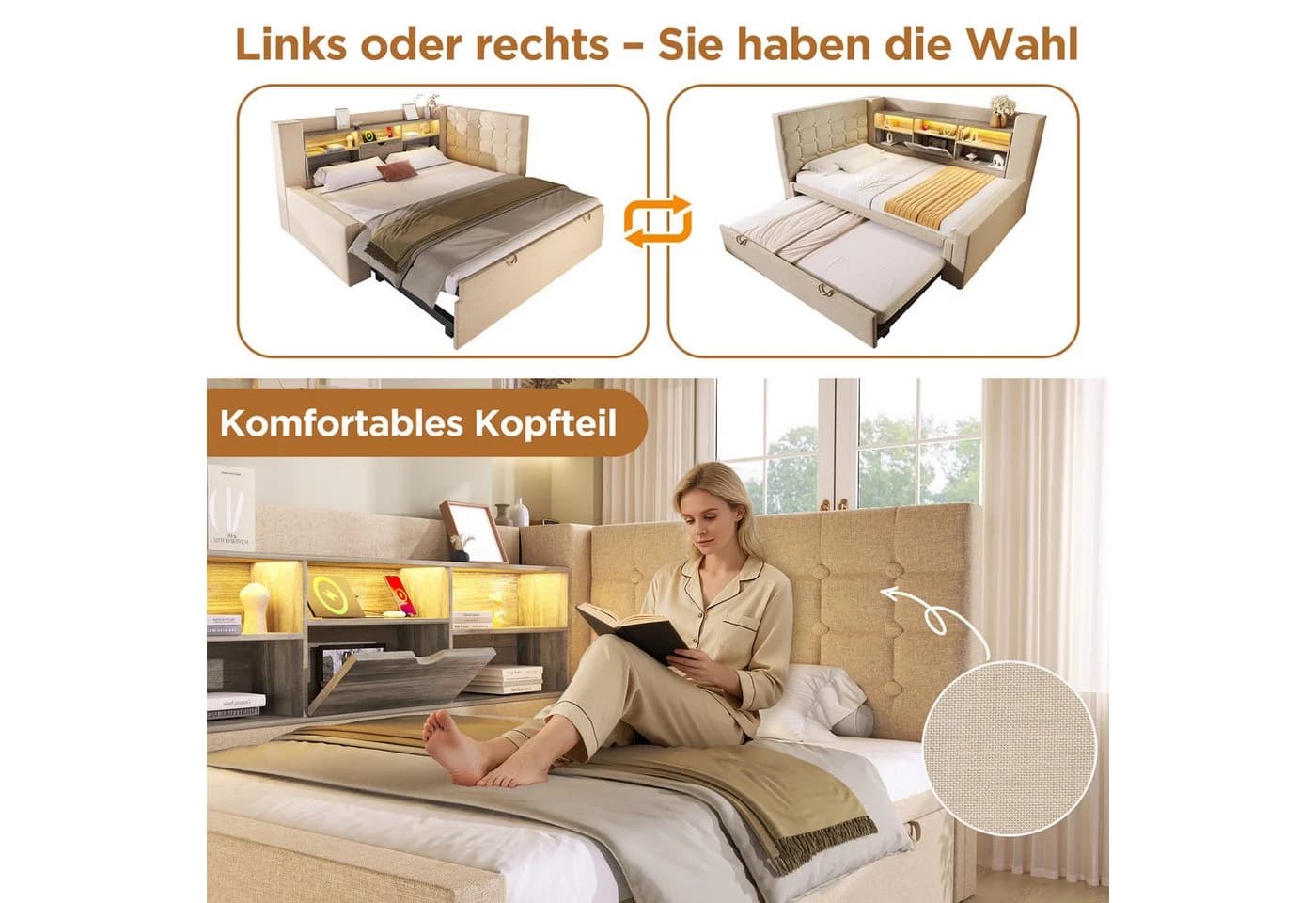 Odikalo Schlafsofa mit LED, Ausziehbett & Stauraum Beige - Bild 5