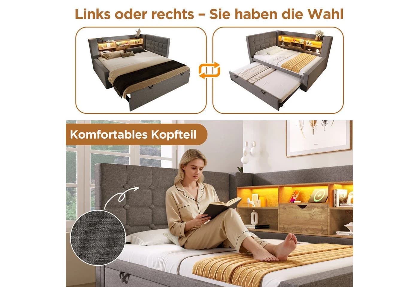 Odikalo Schlafsofa Schlafcouch 90x200 LED Ausziehbett Stauraum - Bild 5