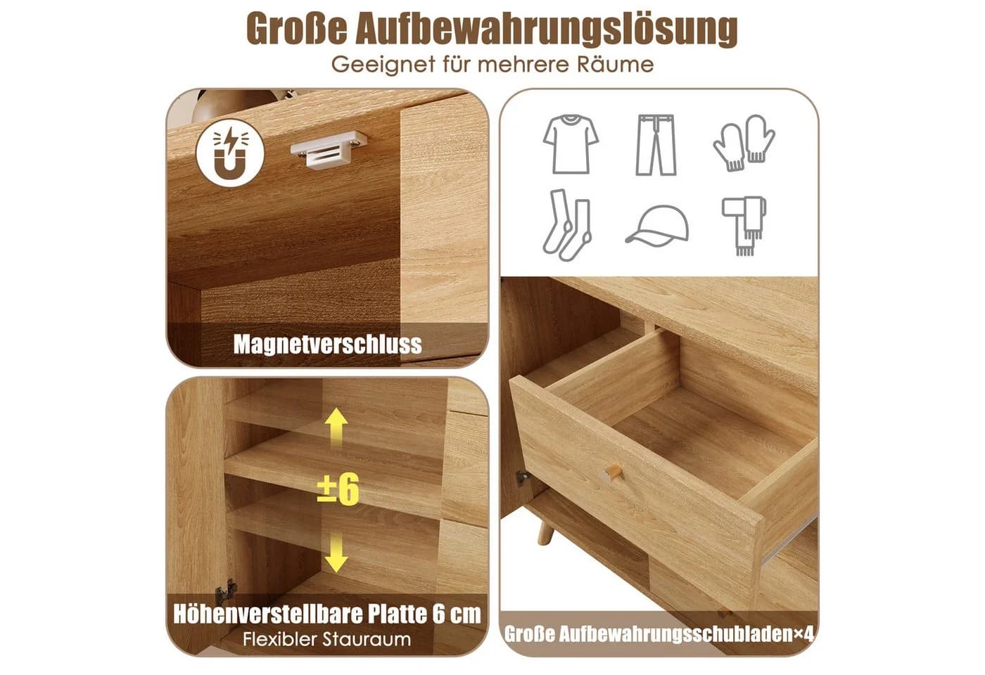 Odikalo Sideboard Kommode 140cm Rattan Optik Helle Eiche - Bild 4