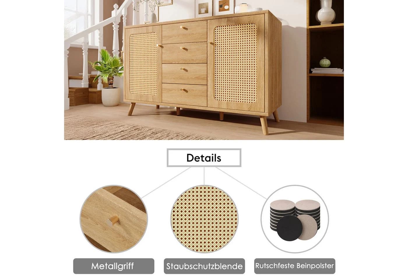 Odikalo Sideboard Kommode 140cm Rattan Optik Helle Eiche - Bild 5
