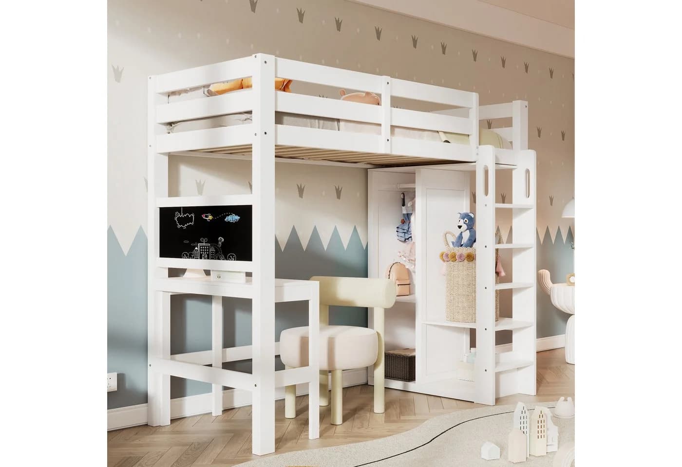 Odikalo Hochbett 90x200 Kinderbett mit Schreibtisch und Stauraum