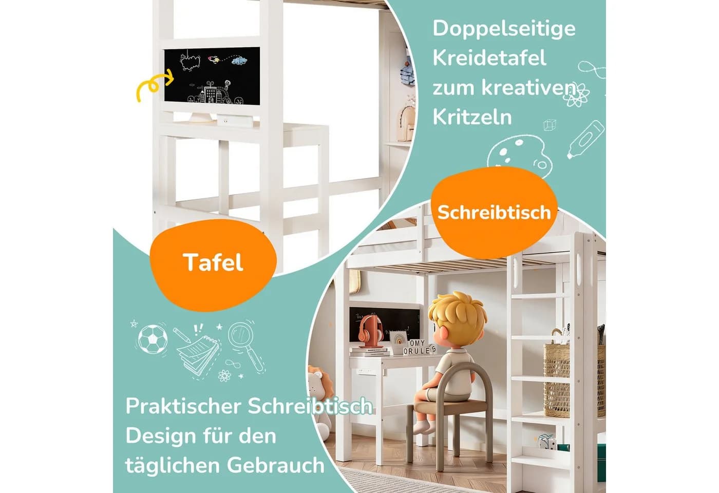 Odikalo Hochbett 90x200 Kinderbett mit Schreibtisch und Stauraum - Bild 3