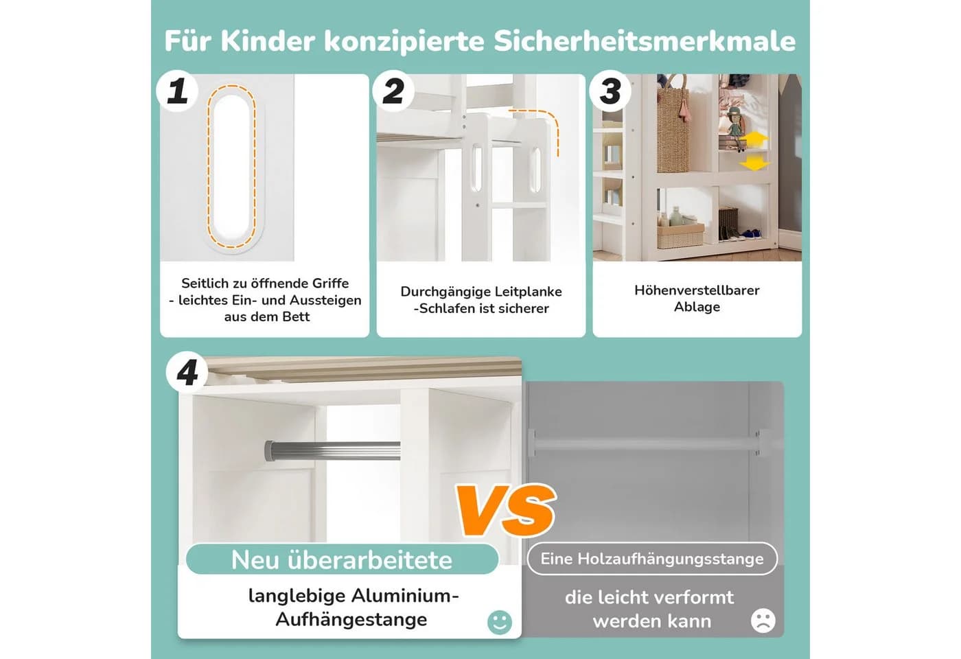 Odikalo Hochbett 90x200 Kinderbett mit Schreibtisch und Stauraum - Bild 4