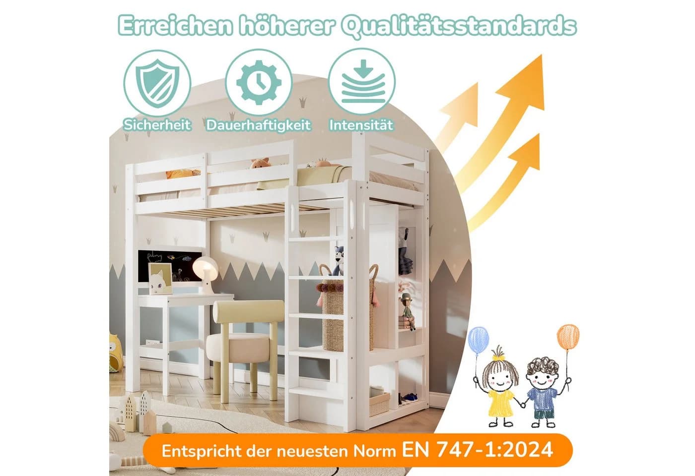 Odikalo Hochbett 90x200 Kinderbett mit Schreibtisch und Stauraum - Bild 5
