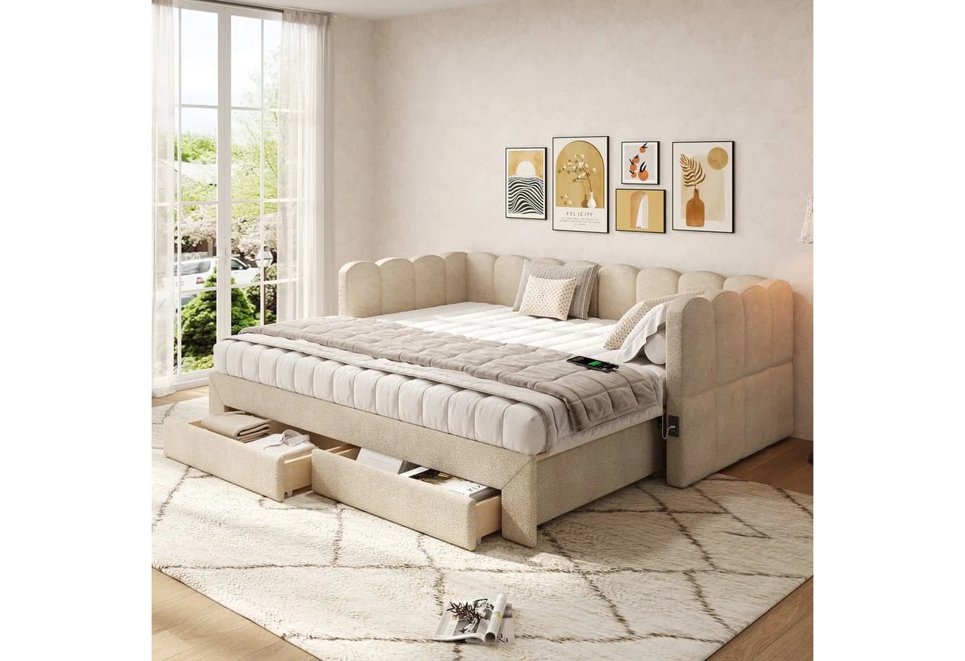 Odikalo Schlafsofa mit USB und Schubladen beige - Bild 2