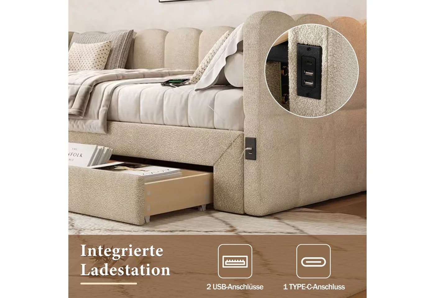 Odikalo Schlafsofa mit USB und Schubladen beige - Bild 4