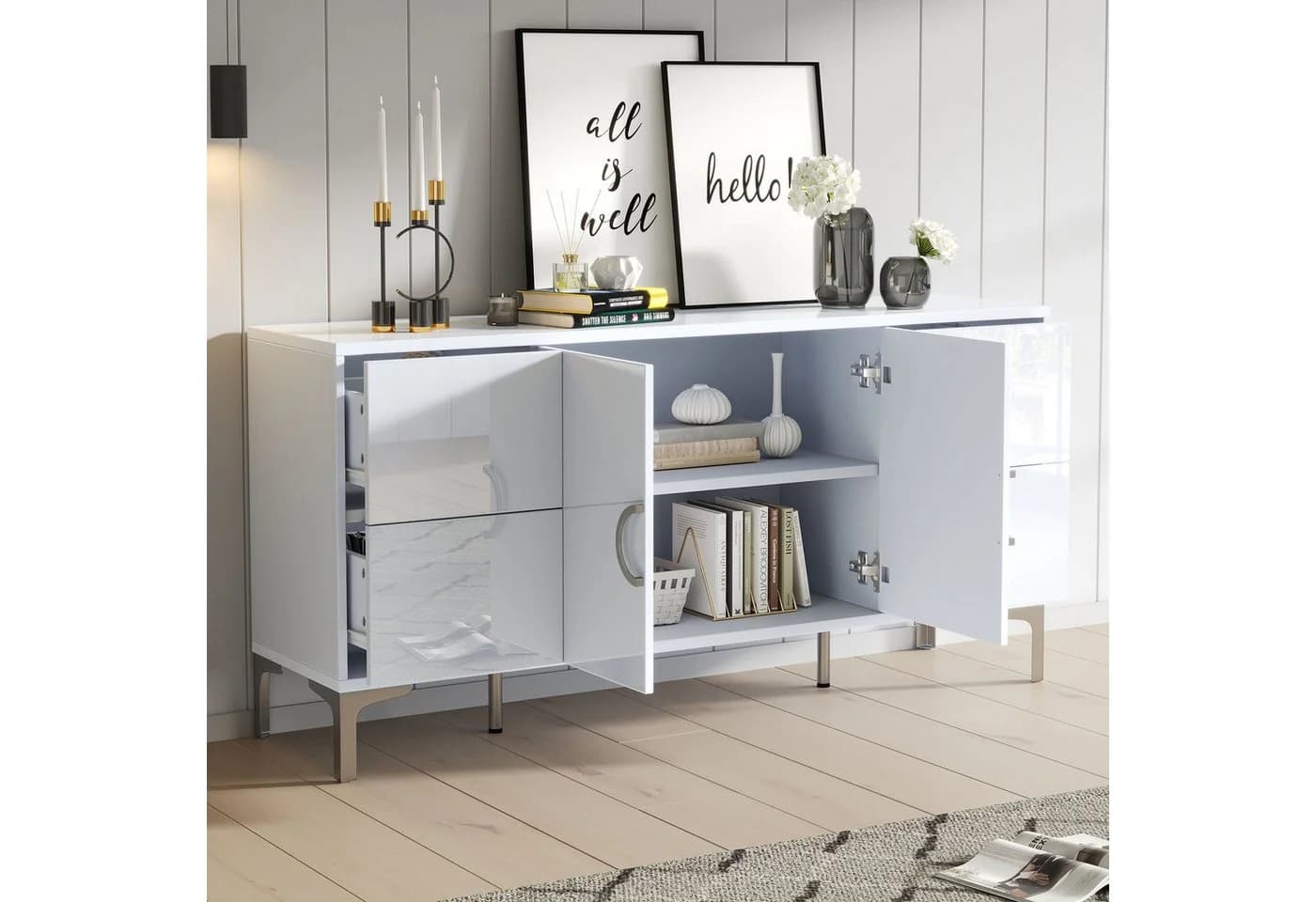 Odikalo Sideboard Kommode Weiß Hochglanz mit Schubladen und Metallfüßen