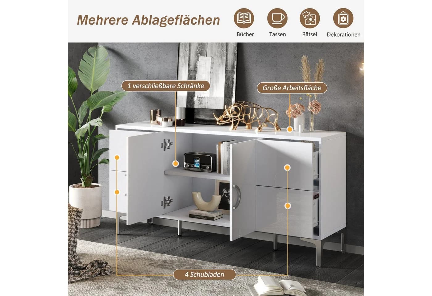 Odikalo Sideboard Kommode Weiß Hochglanz mit Schubladen und Metallfüßen - Bild 3