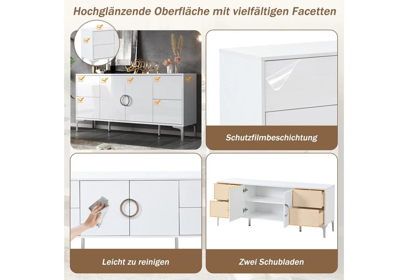 Odikalo Sideboard Kommode Weiß Hochglanz mit Schubladen und Metallfüßen - Bild 4