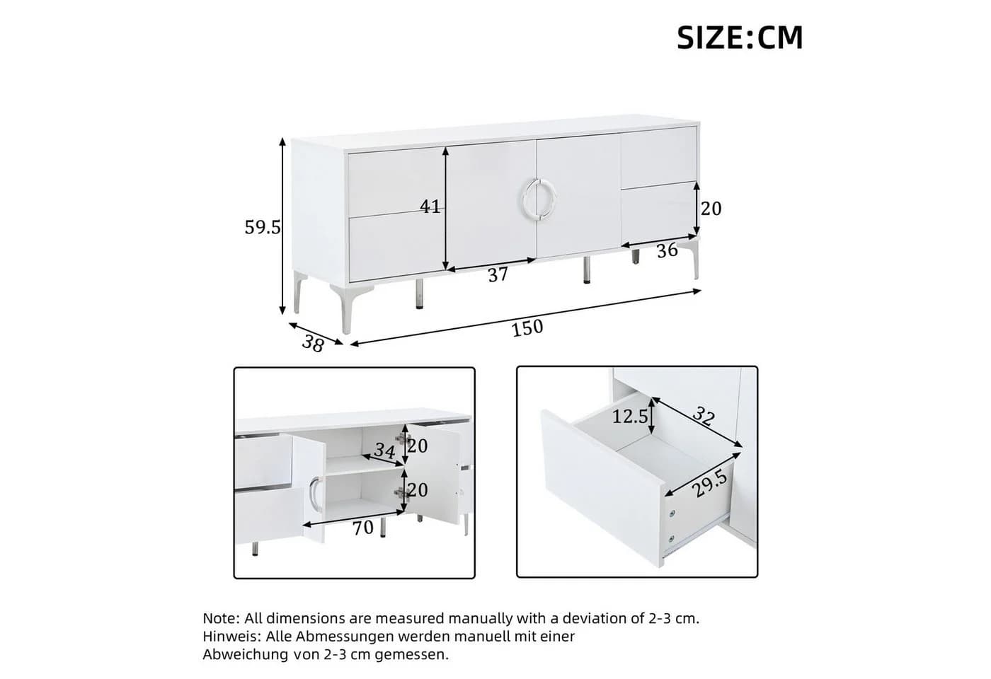 Odikalo Sideboard Kommode Weiß Hochglanz mit Schubladen und Metallfüßen - Bild 5