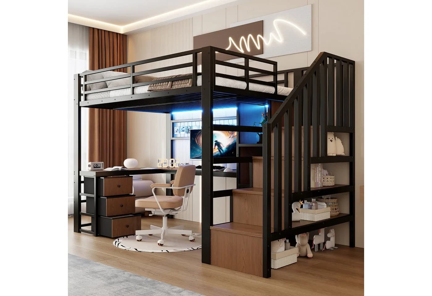 Odikalo Hochbett mit LED, Schreibtisch & Stauraum Schwarz/Weiß