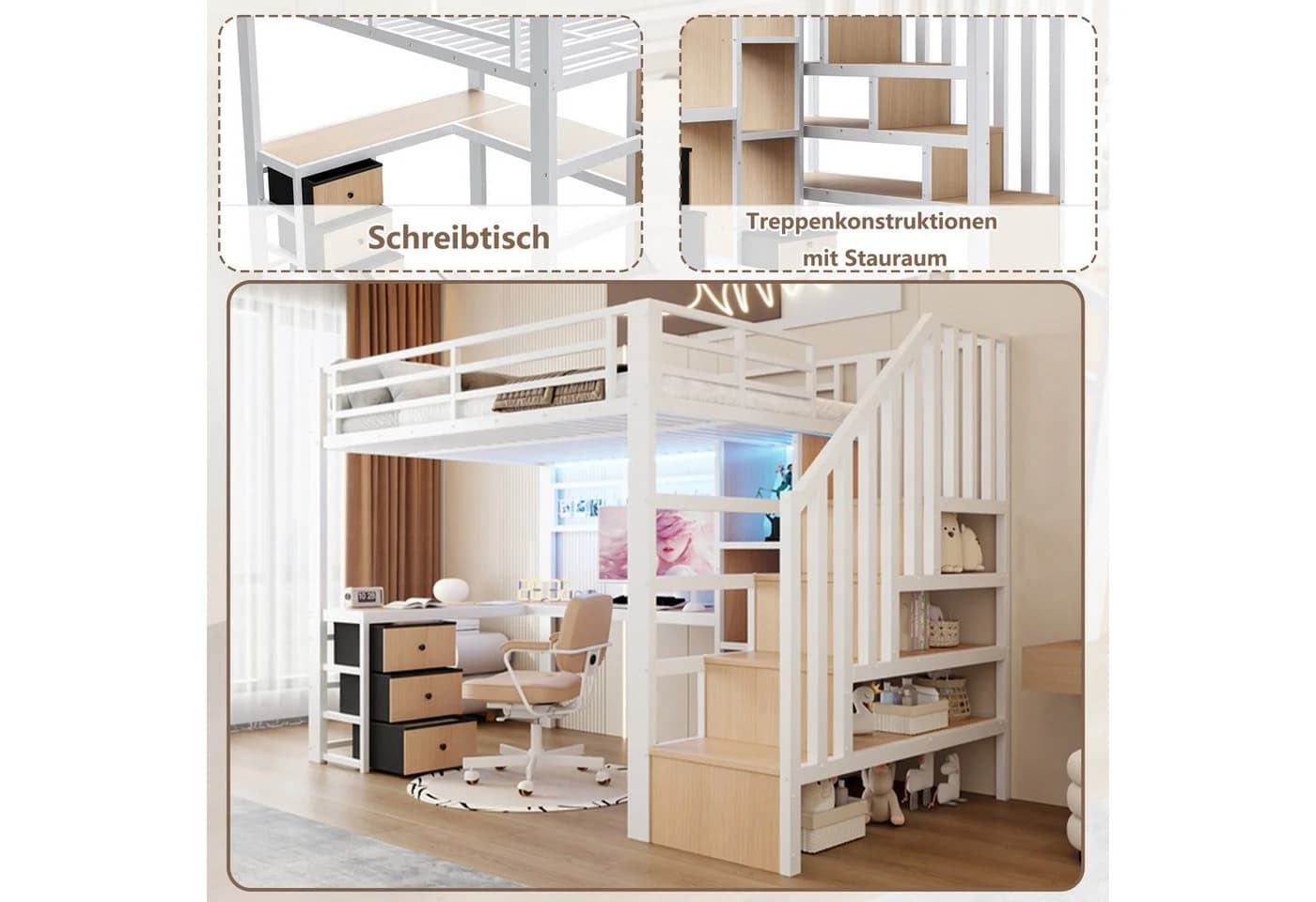 Odikalo Hochbett mit LED und Schreibtisch Schwarz/Weiß - Bild 4