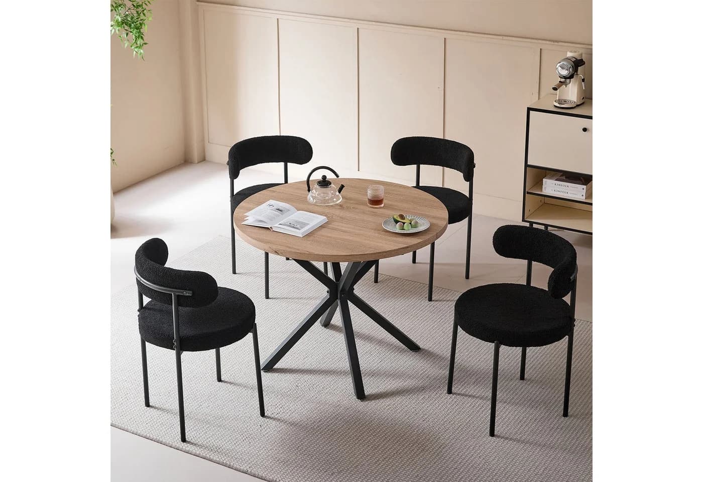 GrandCA HOME Esszimmerstuhl 4er Set Schwarz Teddyfellbezug Modern