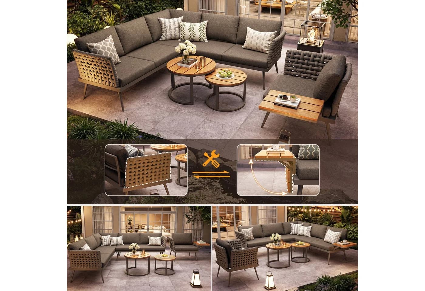 Odikalo Gartenlounge-Set L-förmig Grau/Beige mit WPC-Tischen
