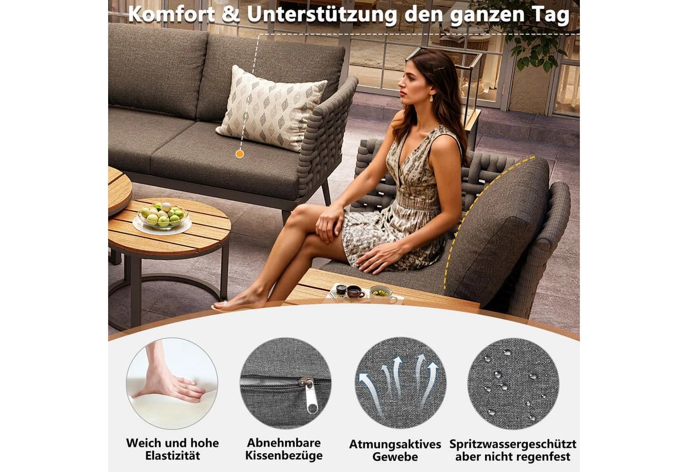 Odikalo Gartenlounge-Set L-förmig Grau/Beige mit WPC-Tischen - Bild 3