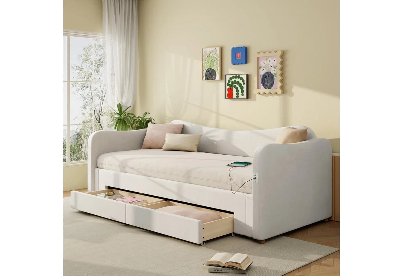 Odikalo Schlafsofa Beige mit USB-Anschluss & Schubladen