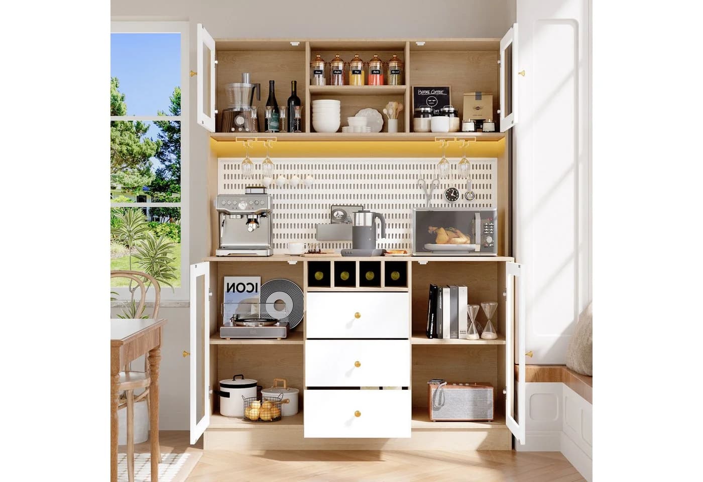 Odikalo Küchenbuffet mit LED Beleuchtung & Weinregal Weiß - Bild 1