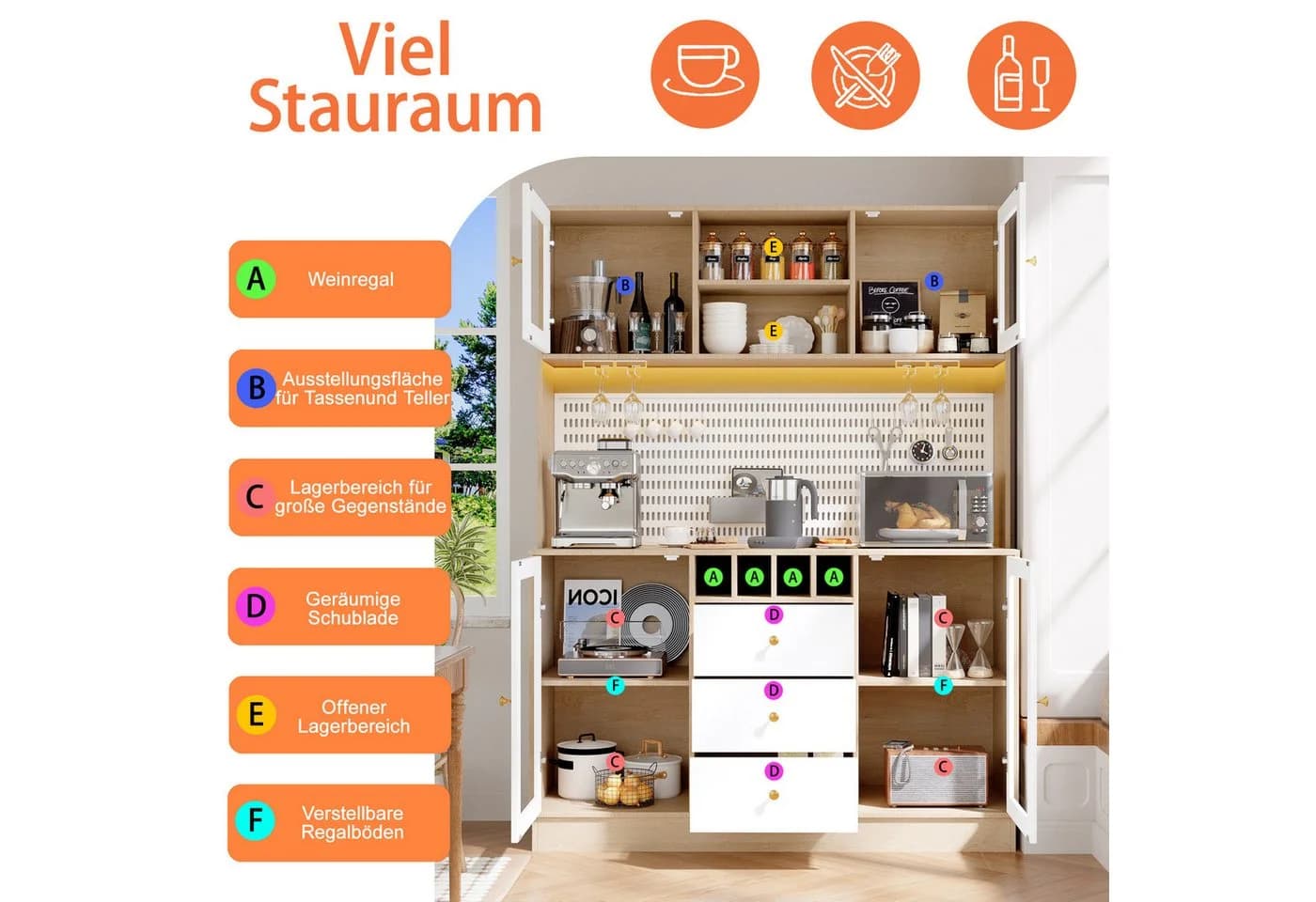Odikalo Küchenbuffet mit LED Beleuchtung & Weinregal Weiß - Bild 3