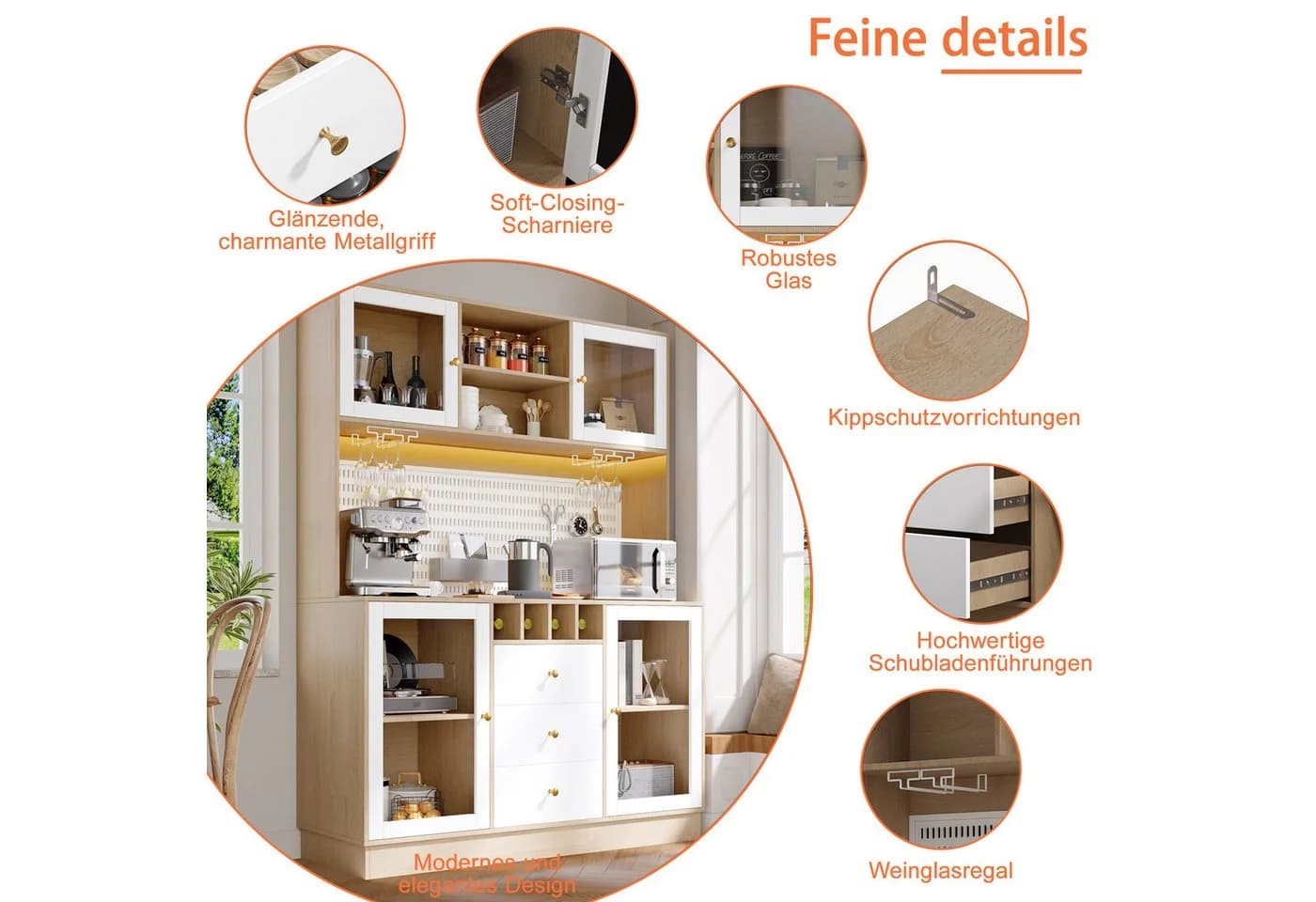 Odikalo Küchenbuffet mit LED Beleuchtung & Weinregal Weiß - Bild 4