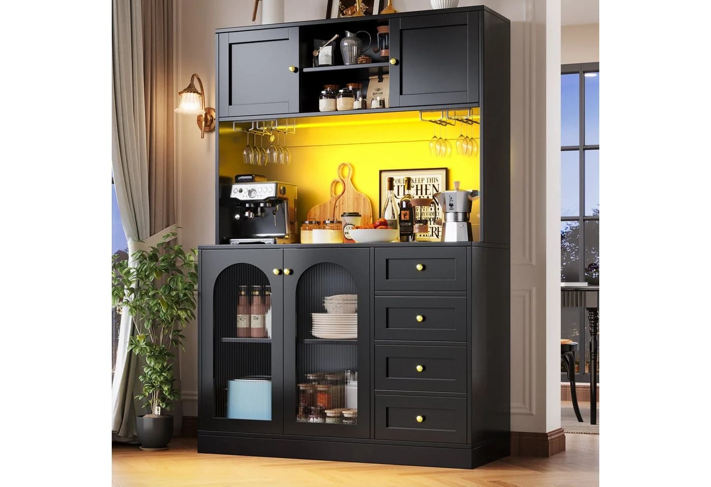 Odikalo Küchenbuffet Schwarz mit LED-Lichtleiste & Rillenglas - Bild 2