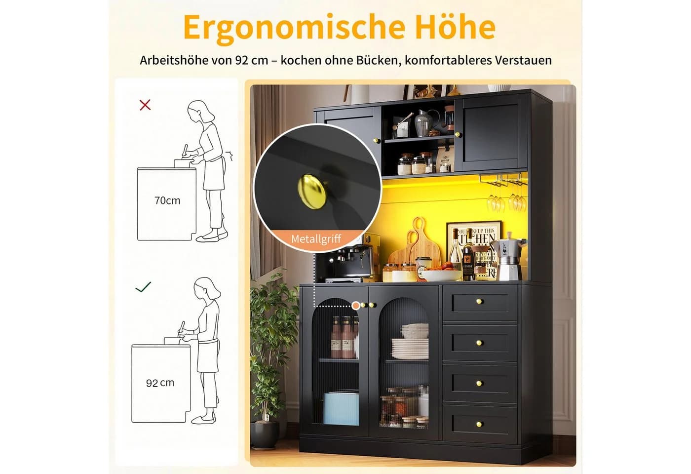 Odikalo Küchenbuffet Schwarz mit LED-Lichtleiste & Rillenglas - Bild 4